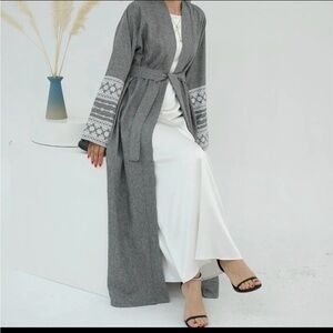 Gray Long Knit Cardigan with Patterned Sleeves